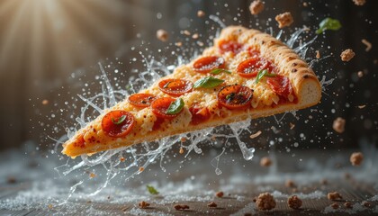 Pepperoni pizza slice in mid air with cheese and sauce splashing image