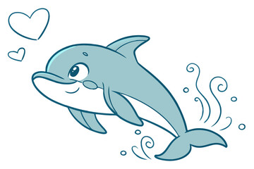 Fototapeta premium Cartoon dolphin vector art, cute and playful, minimal flat design, soft blue tone, white background