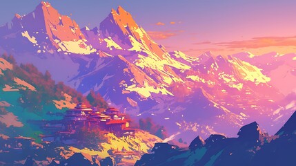 Sunset on Mountain Peaks panchachuli In Indian Himalayas