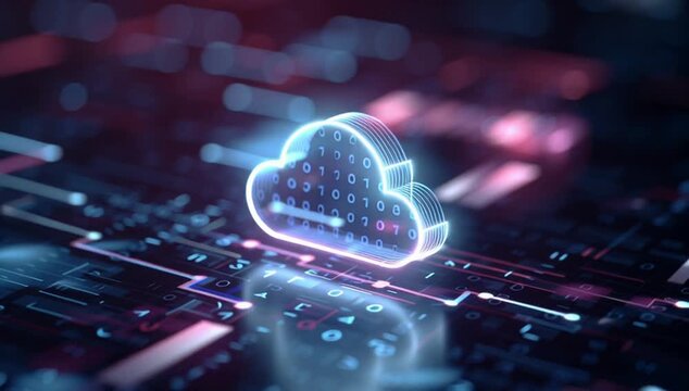 3D render of a glowing cloud icon on a digital background with binary code and a data flow diagram, a concept for online storage or cloud computing Generative AI