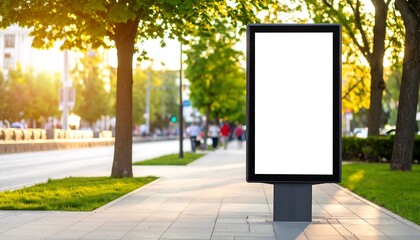 Blank vertical billboard on a sunny city sidewalk. Outdoor advertising light box mockup with copy space against a green urban park background.