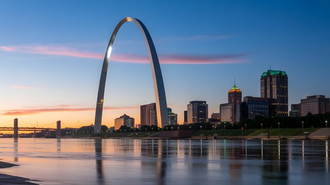The Gateway Arch and St. Louis skyline reflecting in the river at sunset