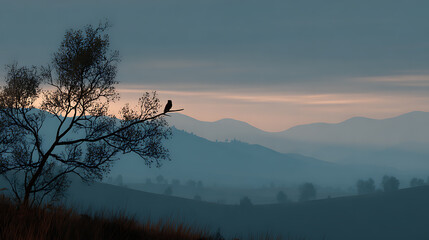 Silhouette of a Bird on a Tree Branch at Dawn Over Misty Blue Mountains