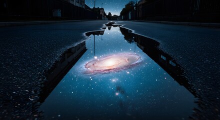Naklejka premium The night sky is perfectly reflected in a street puddle, revealing a stunning galaxy amidst the urban landscape.