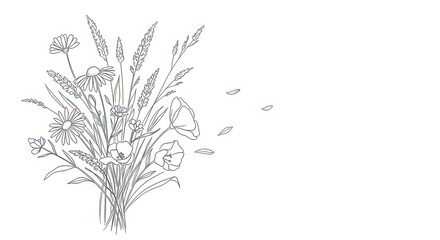 Fototapeta premium Delicate line drawing of a wildflower bouquet with falling petals line art illustration