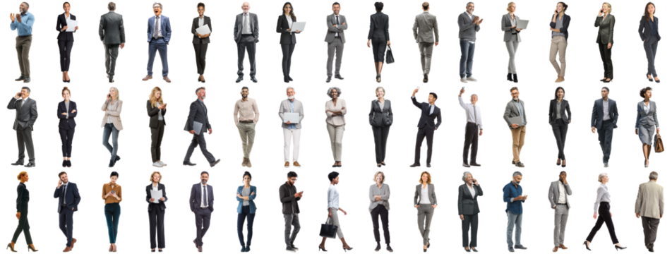 Set of business people in various actions on isolated background. Businesspeople, businesswomen, businessmen office worker in full body length studio professional shot in casual and formal wear - Powered by Adobe