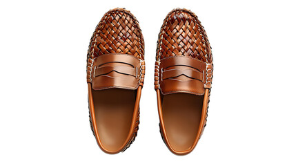 A pair of brown woven leather penny loafers isolated on transparent background, showcasing classic style, elegance, and craftsmanship for the discerning gentlemans wardrobe