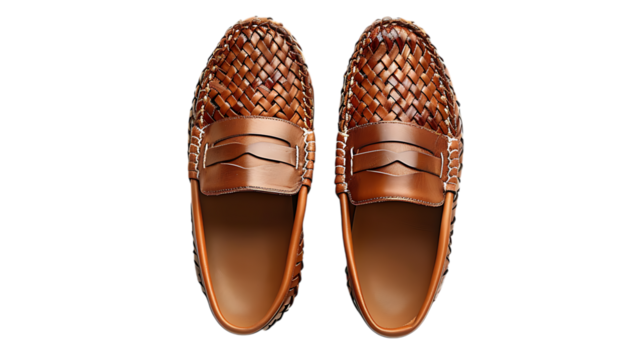 A pair of brown woven leather penny loafers isolated on transparent background, showcasing classic style, elegance, and craftsmanship for the discerning gentlemans wardrobe