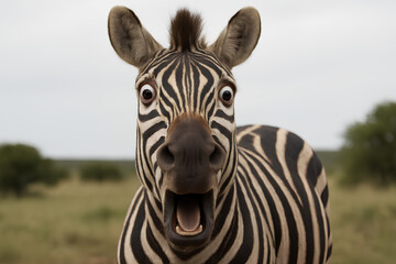 Close-up of a zebra with wide eyes and open mouth, appearing surprised or startled in a natural outdoor setting.