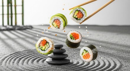 Sushi rolls with salmon avocado and cucumber levitating over zen garden stones and sand rice