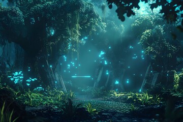 Obraz premium digital jungle with wireframe trees and glowing plants, synthetic environment, peaceful and alien 
