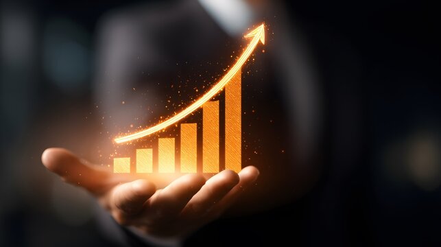 Businessman holding a glowing orange bar graph with rising arrow, symbolizing financial growth, business success, performance improvement, data analytics, and futuristic economic progress.