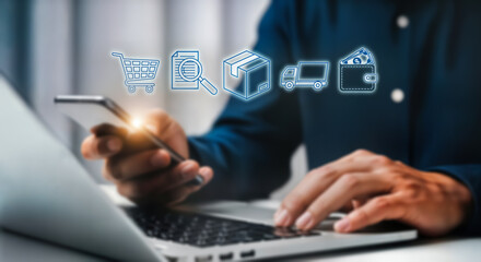 Man using laptop and smartphone for online shopping, with digital icons representing ecommerce, payment, and delivery services, highlighting the convenience of digital transactions and modern retail