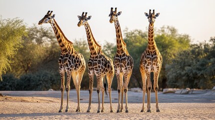 On a sunny day at the safari park on Sir Bani Yas Island, three giraffes stand side by side.