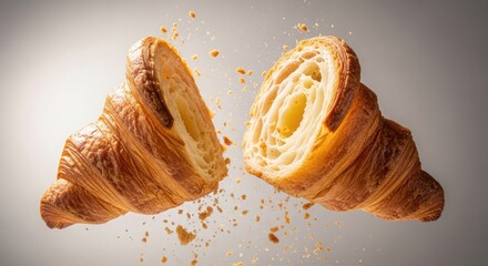 Golden Brown Croissant Broken in Half with Crumbs Flying pastry baked goods