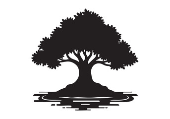 Fototapeta premium Minimalist silhouette of a mature tree with lush foliage reflecting in calm waters creating a peaceful nature scene perfect for design elements