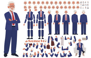 Plakat Mature businessman character constructor. Investor or CEO. Set of hands legs body and head positions for creating animation