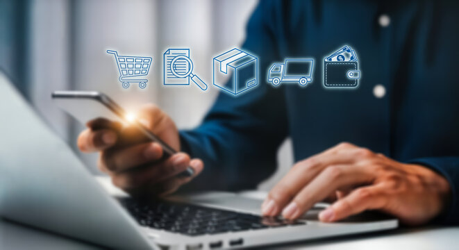 Man using laptop and smartphone for online shopping, with digital icons representing ecommerce, payment, and delivery services, highlighting the convenience of digital transactions and modern retail