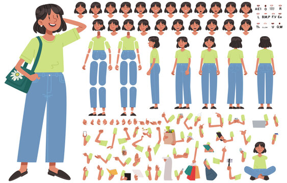 Happy cute teenage girl constructor. Set of different positions of arms legs body and head for creating animation