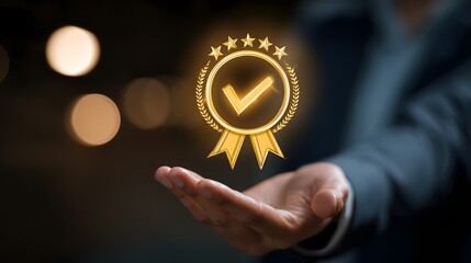 Hand presenting a glowing golden quality badge with checkmark and stars, symbolizing certification, excellence, trust, premium service, best standards, and high-quality business performance.

