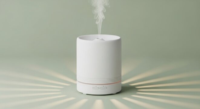 White ceramic essential oil diffuser emitting a plume of white steam against a muted green background with radiating light patterns