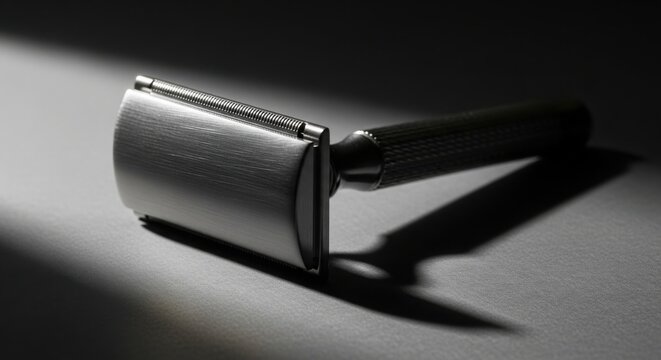 Close up of a metal double edge safety razor with textured handle on a grey surface double edge razor