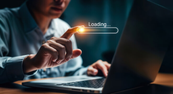 Closeup of a persons finger touching a loading bar on a laptop screen, symbolizing progress, technology, and digital processes in a modern, abstract, and futuristic concept