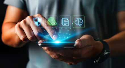 Person using a smartphone with holographic icons representing data security, biometrics, documents, and artificial intelligence, symbolizing digital interaction and advanced technology