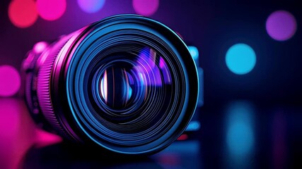 Close-up of a camera lens with vibrant bokeh lights