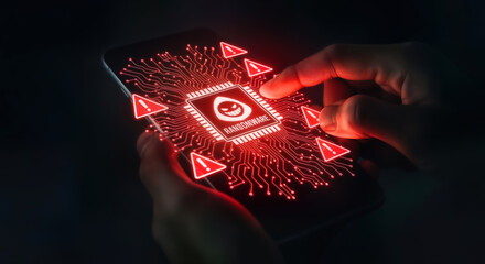 Closeup of a persons hand interacting with a smartphone displaying a glowing red circuit board pattern with a skull icon and warning symbols, symbolizing cyber threat and digital danger
