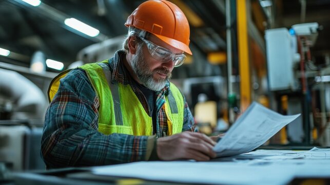 A construction worker wearing a safety helmet and goggles intently analyzes blueprints on a table in an industrial environment, showcasing professionalism and focus.
