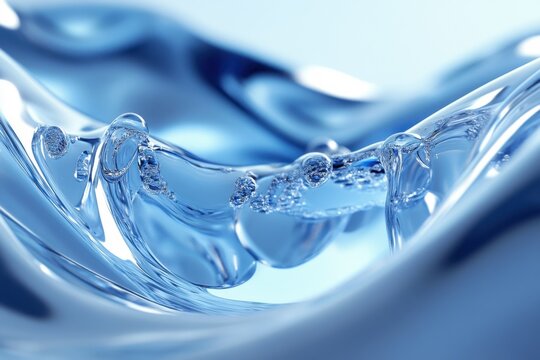 This captivating image features clear water waves adorned with bubbles, creating a sense of tranquility and freshness in a soft blue environment. - Powered by Adobe