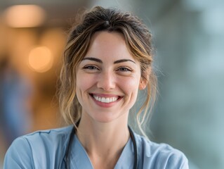 A friendly female healthcare worker in blue scrubs with a stethoscope smiles at the viewer.