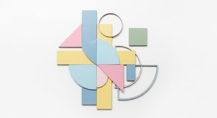 Pastel geometric shapes arranged in abstract composition on white background pink