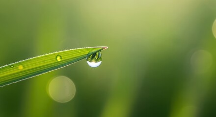 Macro shot of a dewdrop on a green grass blade reflecting sunlight and foliage water