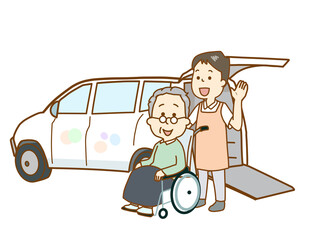 福祉、送迎車でデイサービスに到着