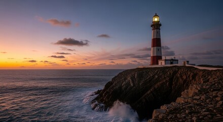 Red and white striped lighthouse on rocky cliff at sunset with ocean waves image