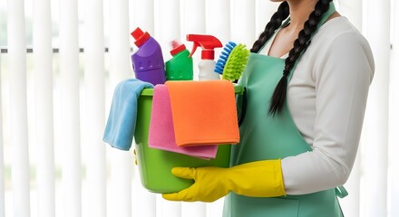 A smiling woman in yellow gloves holds a spray bottle while cleaning her house, happy with the household chores
