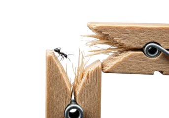 A tiny black ant crawls on a jagged, broken vintage tan wooden clothespin, isolated on a transparent studio background with shallow depth of field, concept of miniature nature