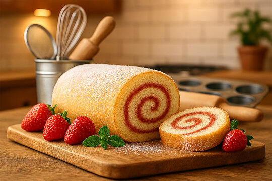 A homemade Strawberry jam Swiss roll. The light, fluffy sponge cake is perfectly.