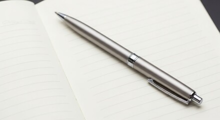 Silver ballpoint pen resting on a lined notebook page writing paper
