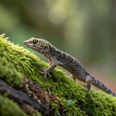 Naklejka premium Small spotted lizard perched on a moss covered log in a forest