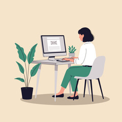 Woman working on a computer at desk with plants in home office  