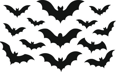 Naklejka premium Flying Bat Silhouette Icon Set – Black Vector Symbols for Halloween, Wildlife, Nocturnal Creatures, and Fantasy Design Projects