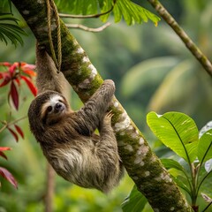 Fototapeta premium Adorable three toed sloth hanging upside down on a tree branch in a lush forest