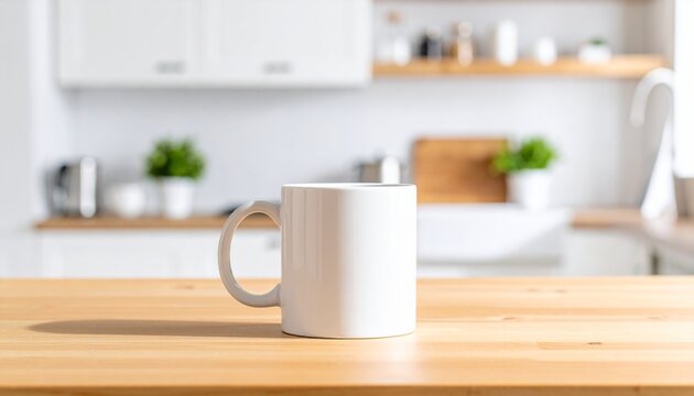 Realistic white ceramic mug on a wooden table with soft natural light. Ideal for logo and branding mockup presentations.