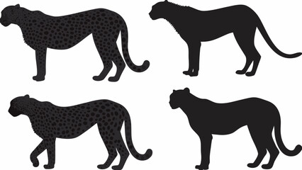 Four black panther illustrations in various poses with spots and silhouette designs on a white background created with generated ai