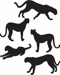 Silhouette illustration of five black panthers in various poses on a white background, wildlife scene art created with generated ai