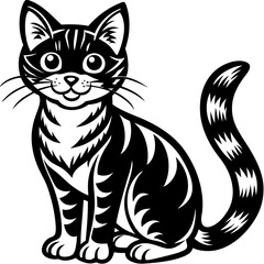 Illustration of a black and white striped cat sitting upright with a curled tail and large eyes smiling created with generated ai