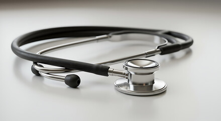 A stethoscope with black tubing and a silver chest piece rests on a white surface.